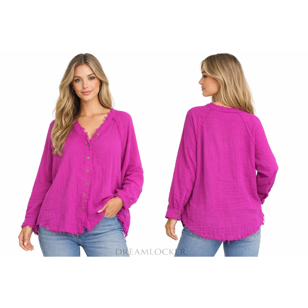 Zenana Magenta Pink Cotton Gauze Frayed Raw Edge Button Down Shirt Small